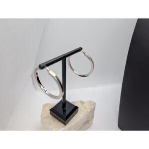 Sterling Silver 925 Italy Flat Hoop Earrings 40mm Round Snap Closure Polished